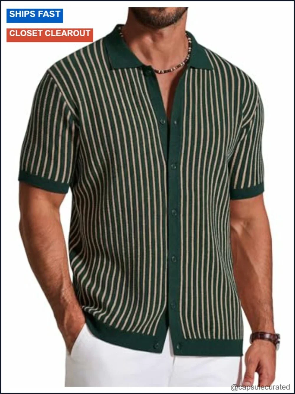 Vintage Striped Knit Button Down Polo Shirt, Short Sleeve, Breathable, Mens